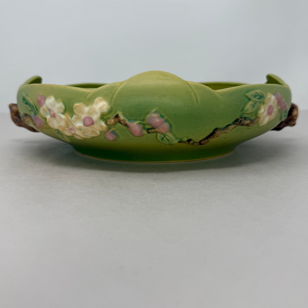 Roseville Apple Blossom 330-10 Low Bowl Large 11"‎ Green Mid Century Modern